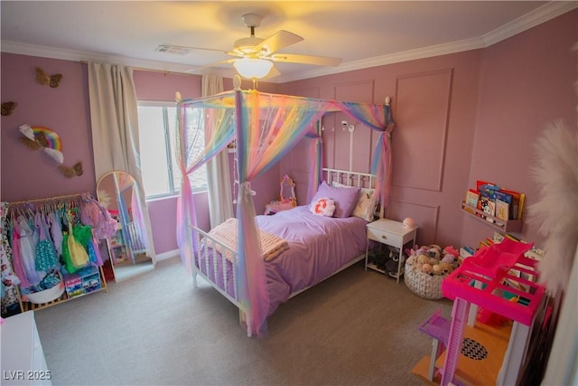 bedroom with visible vents, carpet floors, ceiling fan, and crown molding