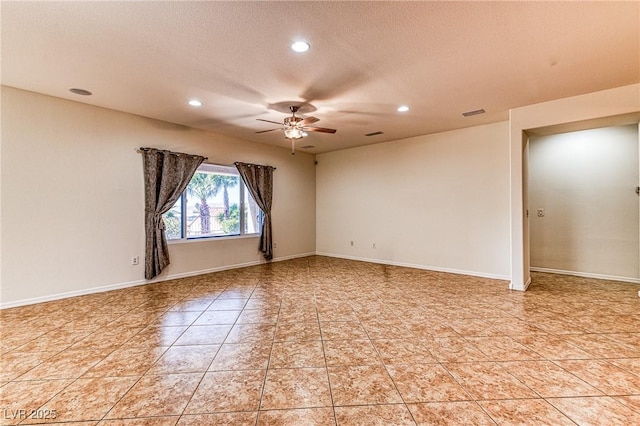 unfurnished room featuring baseboards, light tile patterned flooring, recessed lighting, ceiling fan, and a textured ceiling