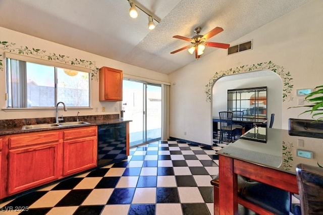 kitchen featuring dark floors, black dishwasher, visible vents, vaulted ceiling, and a sink