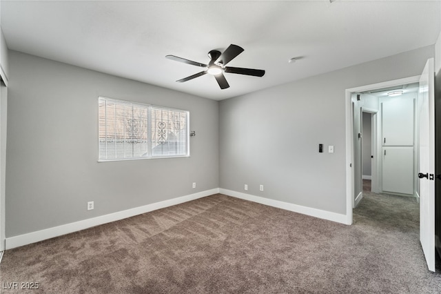 unfurnished bedroom with carpet floors, ceiling fan, and baseboards