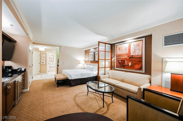 bedroom with ornamental molding and visible vents