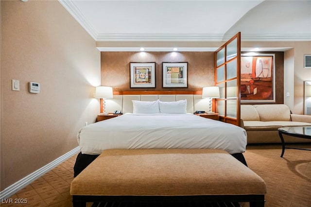 bedroom with visible vents, crown molding, and baseboards