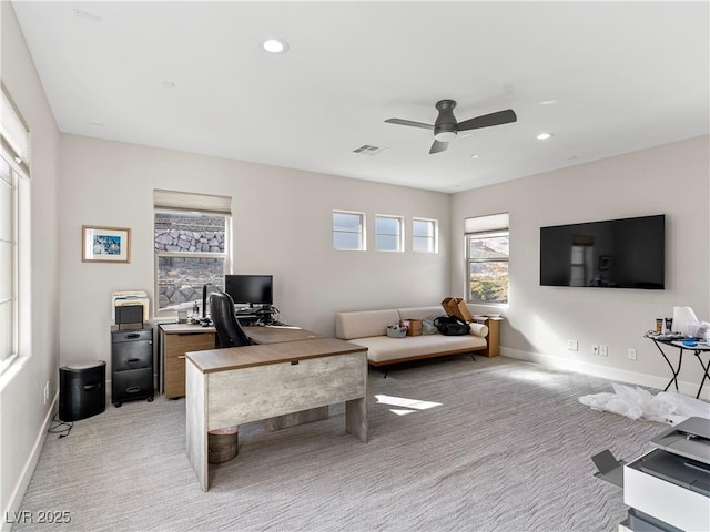 home office with recessed lighting, visible vents, light colored carpet, and baseboards