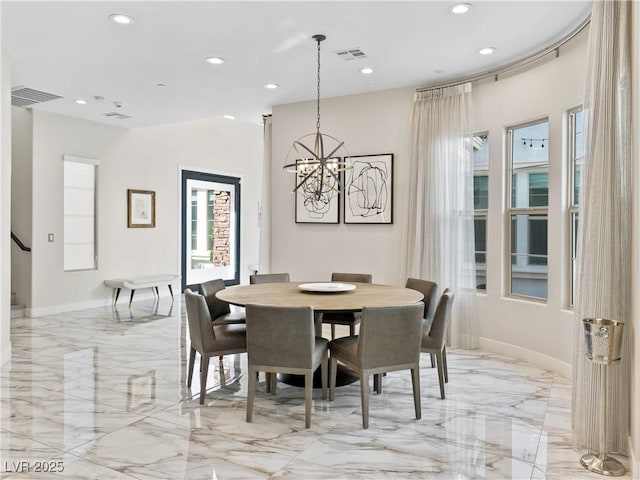 dining area featuring recessed lighting, visible vents, and marble finish floor