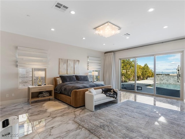 bedroom featuring recessed lighting, visible vents, marble finish floor, and access to outside