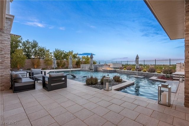 view of swimming pool with a fenced in pool, a patio, and a fenced backyard