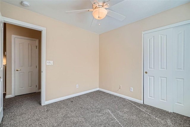 unfurnished bedroom featuring ceiling fan, carpet floors, a closet, and baseboards