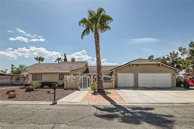 view of front facade with an attached garage, driveway, a fenced front yard, and stucco siding