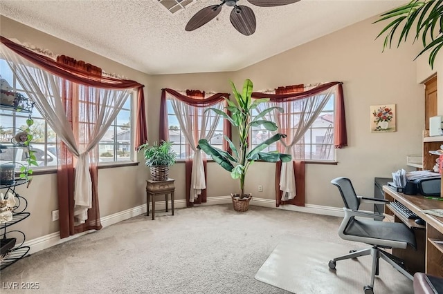 office area featuring carpet flooring, ceiling fan, a textured ceiling, and baseboards