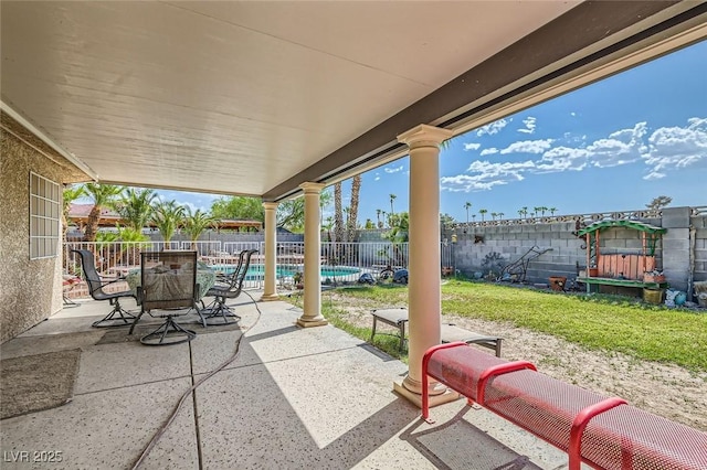 view of patio / terrace featuring a fenced backyard and a fenced in pool