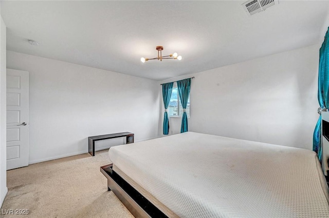 bedroom featuring carpet floors, an inviting chandelier, baseboards, and visible vents