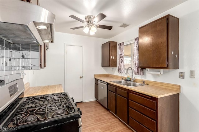 kitchen with a sink, ceiling fan, light countertops, appliances with stainless steel finishes, and visible vents