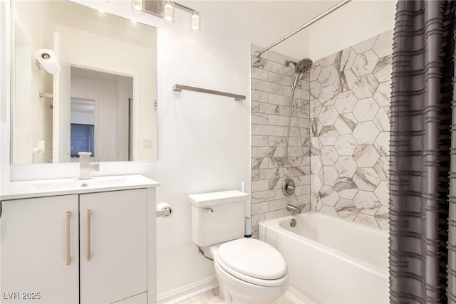 bathroom with shower / bath combo with shower curtain, vanity, and toilet