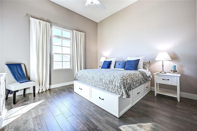 bedroom with dark wood-style flooring, ceiling fan, and baseboards