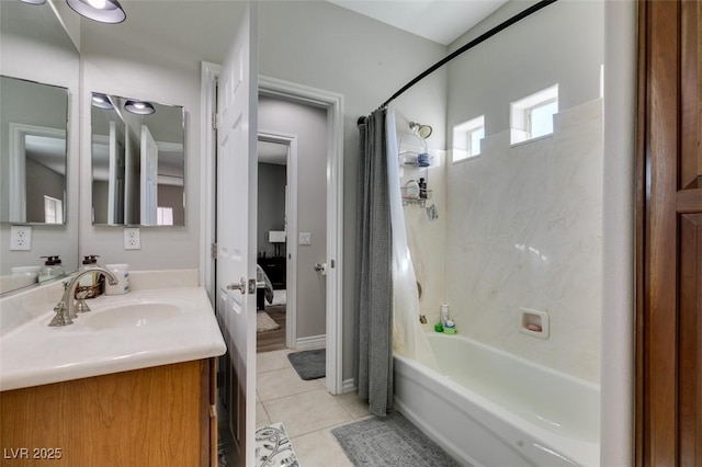 full bathroom featuring tile patterned flooring, shower / bath combination with curtain, and vanity