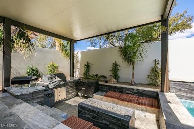 view of patio with a fenced backyard, area for grilling, and grilling area