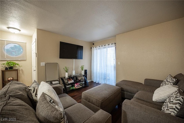 living area with a textured ceiling and dark wood finished floors