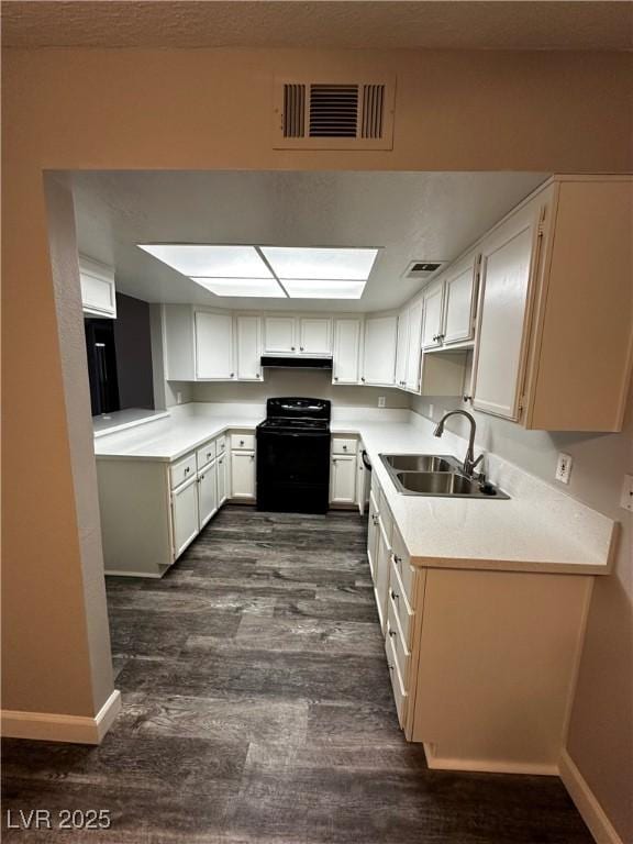 kitchen featuring under cabinet range hood, dark wood-style flooring, a sink, visible vents, and black range