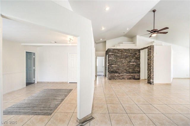 7613 Falconwing Ave, Las Vegas, NV 89131 - unfurnished living room featuring ceiling fan, light tile patterned floors, lofted ceiling, and recessed lighting