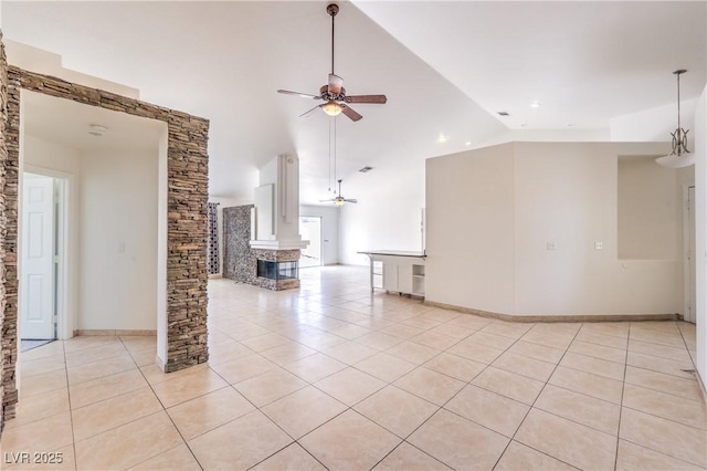 7613 Falconwing Ave, Las Vegas, NV 89131 - unfurnished living room with ceiling fan, light tile patterned floors, and high vaulted ceiling
