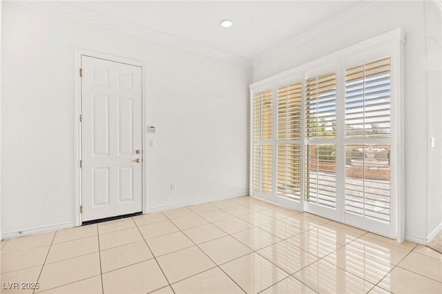 tiled empty room featuring recessed lighting, baseboards, and crown molding