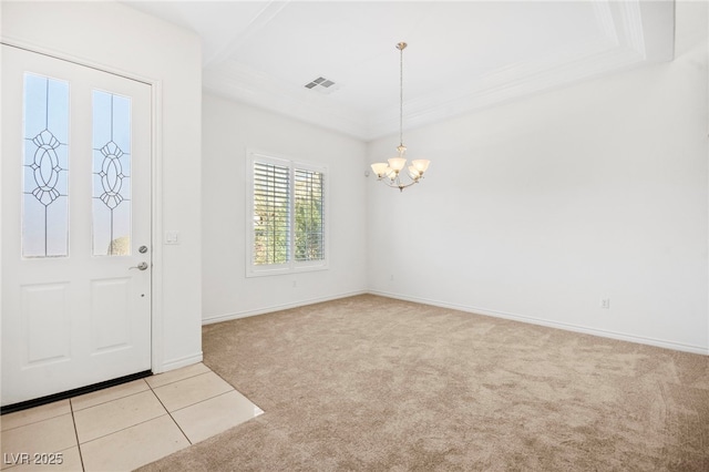 foyer entrance featuring visible vents, baseboards, light colored carpet, light tile patterned flooring, and a notable chandelier