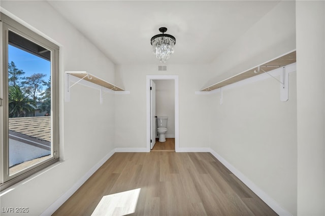 walk in closet with an inviting chandelier and wood finished floors