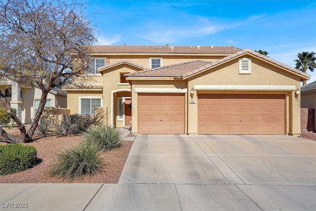 traditional-style home with a tile roof, stucco siding, an attached garage, and concrete driveway