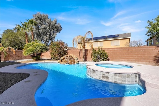 view of pool with a fenced in pool, an in ground hot tub, and a fenced backyard