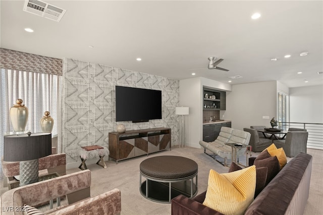 515 Serenity Point Dr, Henderson, NV 89012 - living area featuring ceiling fan, light carpet, recessed lighting, and bar area