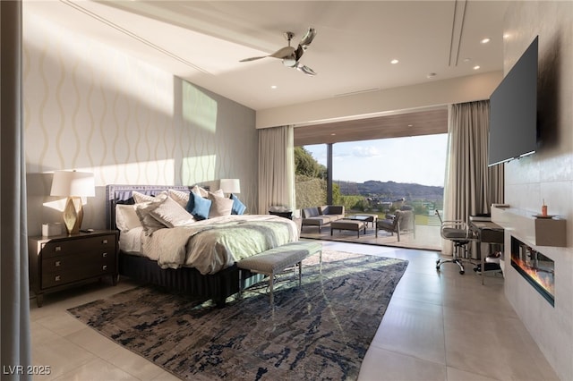 bedroom with ceiling fan, recessed lighting, access to exterior, and light tile patterned flooring