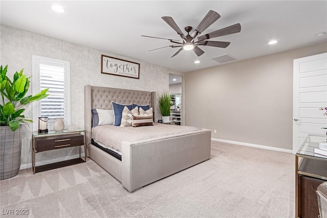 bedroom with visible vents, baseboards, ceiling fan, light carpet, and recessed lighting