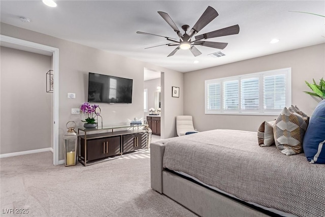 bedroom featuring visible vents, light carpet, a ceiling fan, recessed lighting, and baseboards