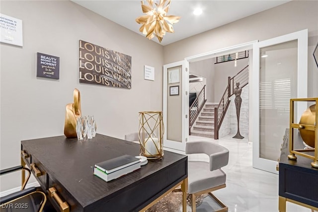 office space featuring recessed lighting, french doors, and a notable chandelier