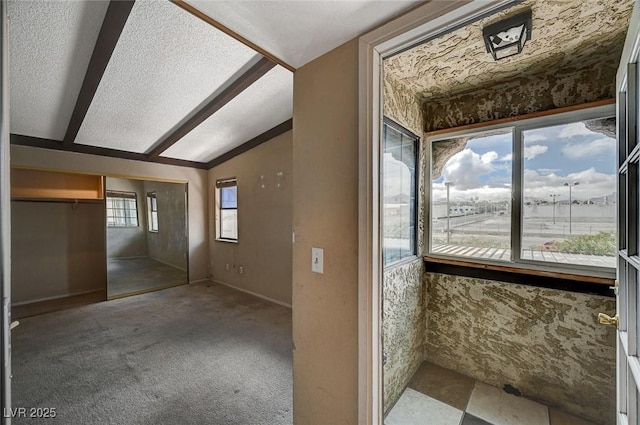 interior space featuring a textured ceiling and vaulted ceiling