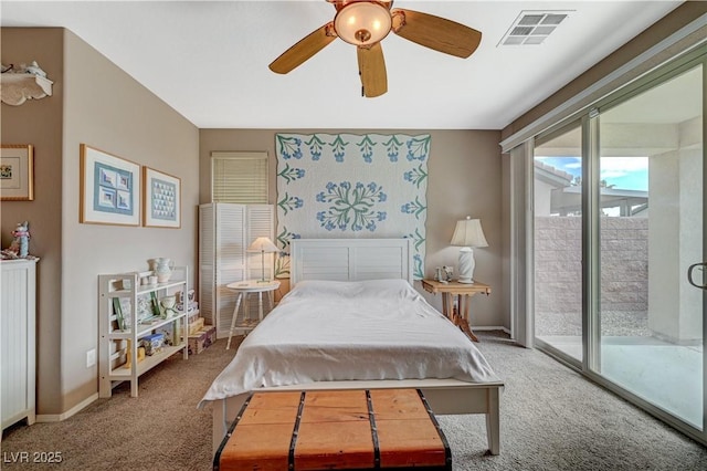 bedroom featuring visible vents, carpet floors, baseboards, and access to outside