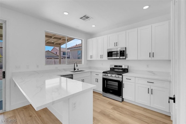 kitchen with visible vents, a peninsula, a sink, stainless steel appliances, and white cabinets