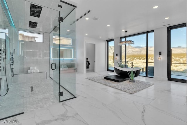 bathroom featuring a freestanding tub, a mountain view, a stall shower, and floor to ceiling windows