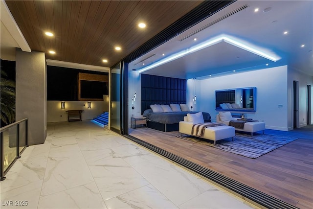 bedroom with recessed lighting, wood ceiling, marble finish floor, and baseboards