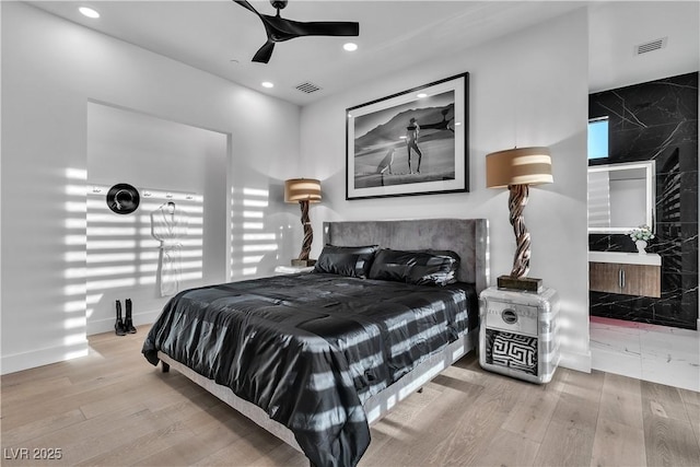 bedroom with visible vents, recessed lighting, a ceiling fan, and wood finished floors