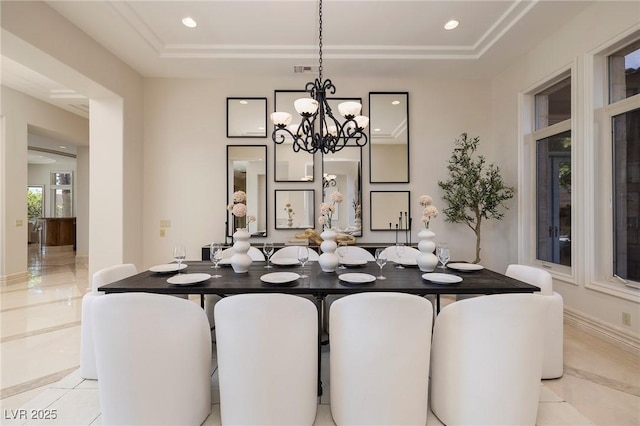 9801 Orient Express Ct, Las Vegas, NV 89145 - dining space with light tile patterned floors, a raised ceiling, recessed lighting, and a chandelier