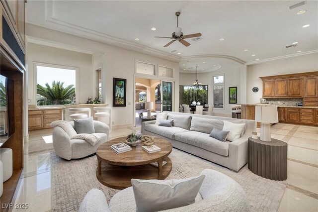 9801 Orient Express Ct, Las Vegas, NV 89145 - living area featuring ceiling fan, ornamental molding, recessed lighting, and visible vents