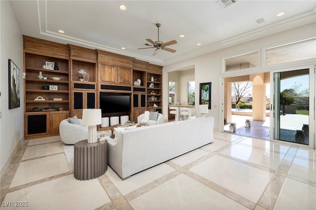 9801 Orient Express Ct, Las Vegas, NV 89145 - living room featuring baseboards, recessed lighting, a ceiling fan, and built in shelves