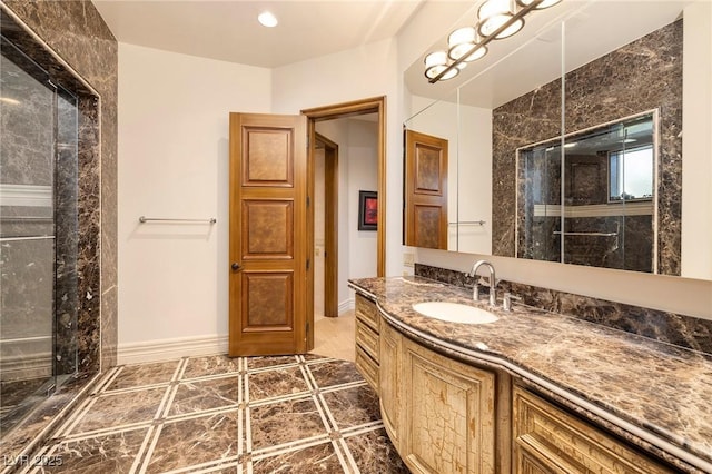 9801 Orient Express Ct, Las Vegas, NV 89145 - bathroom featuring vanity, baseboards, and walk in shower