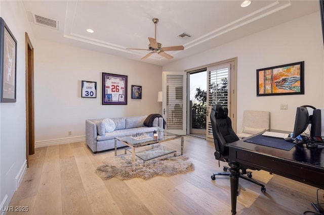 9801 Orient Express Ct, Las Vegas, NV 89145 - office space with ceiling fan, a tray ceiling, recessed lighting, and visible vents