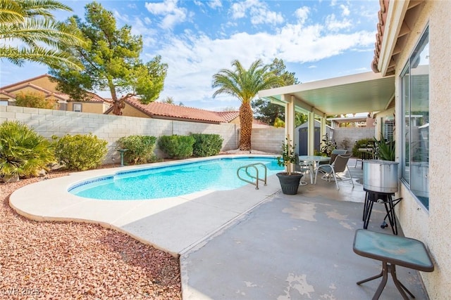 view of pool featuring a patio, an outbuilding, a fenced in pool, a shed, and a fenced backyard