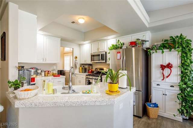 kitchen featuring visible vents, appliances with stainless steel finishes, a peninsula, white cabinetry, and a raised ceiling