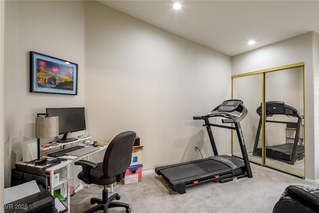 home office featuring recessed lighting, carpet, and baseboards