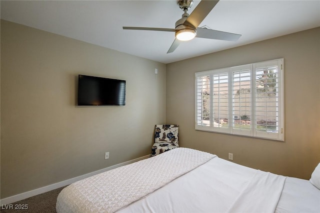 bedroom featuring carpet flooring, ceiling fan, and baseboards