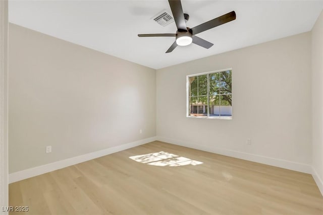 spare room with light wood finished floors, visible vents, ceiling fan, and baseboards